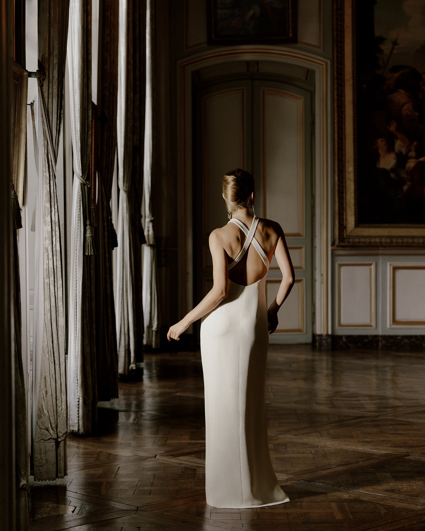 silk cady wedding dress White silk crepe cady strapless corseted gown embellished with crystal and pearl pendants