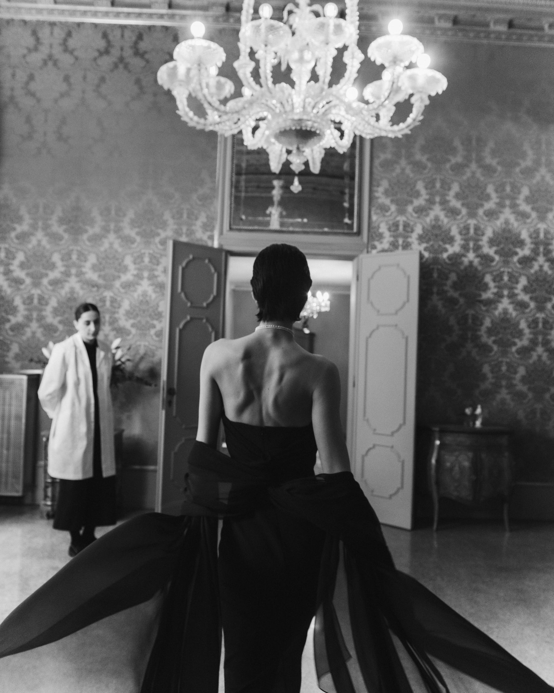 The Anaïs Gown - Silk Chiffon draped by hand to the woman's unique form, adorned with genuine pearls.