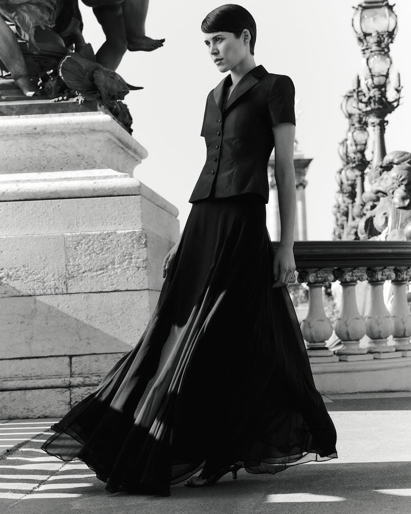 The Fiorella Skirt in Black Silk Chiffon with Bella Jacket in Silk Taffeta.