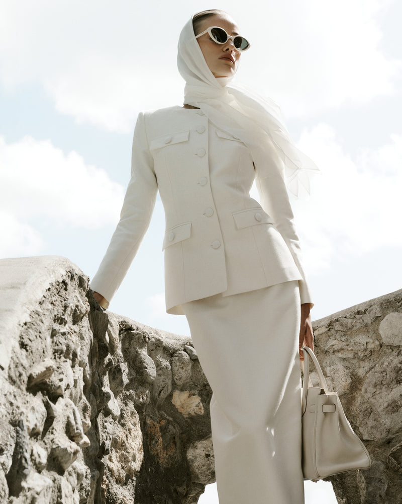 Valentina Jacket and Chiara Skirt in Cotton, Silk and Cashmere with Chiffon Scarf with Signet Hand Embroidery