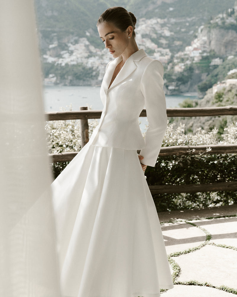 midi dress and jacket for wedding Ivory 2 Piece Satin Boat Neck Midi Wedding Dress with Jacket