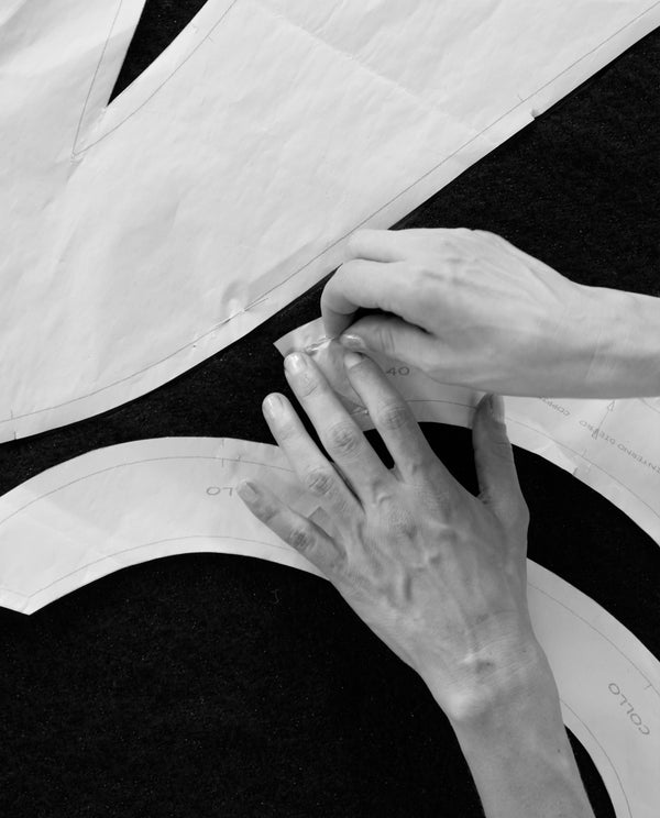 Gallello Atelier Artisans developing evening wear collection: Master Pattern Cutter Antonella, Atelier Premiere Anna and Master Tailor Francesca