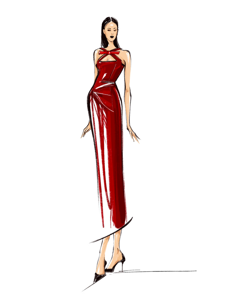 Sketch from the Atelier of the bespoke Gemma Dress in red Silk Cady and elongated midi hemline.