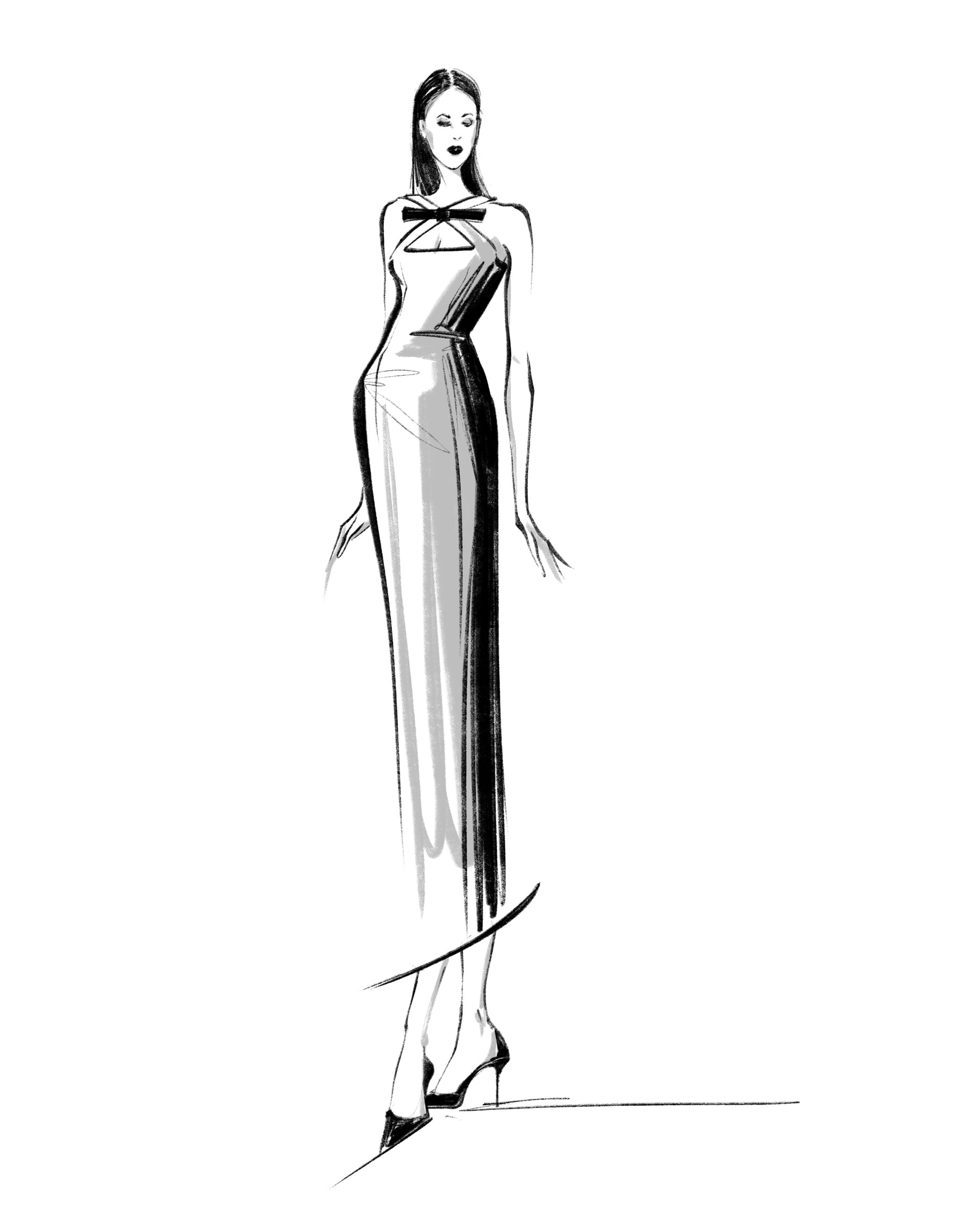 Sketch of the Gemma Midi Dress in Silk Cady.