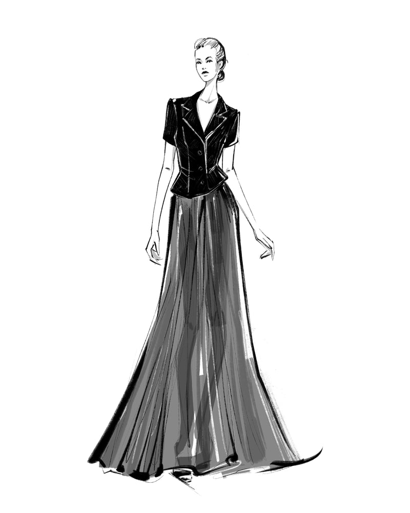 Sketch of the Bella Jacket in Silk Taffeta and Fiorella Skirt in Silk Chiffon