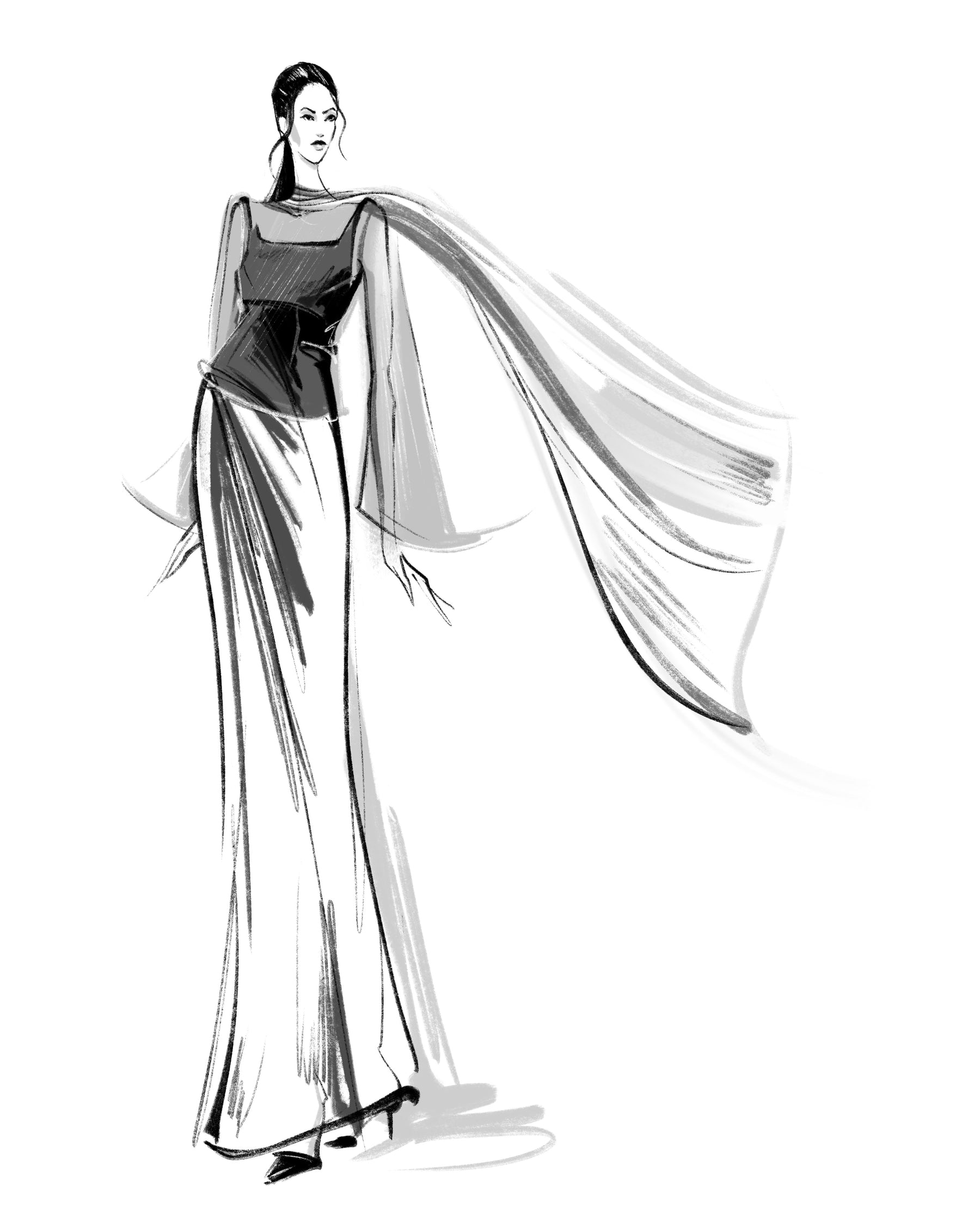 Sketch of the elongated Emilia Dress in Silk Satin or Silk Cady and Fabiana Top in Silk Chiffon.