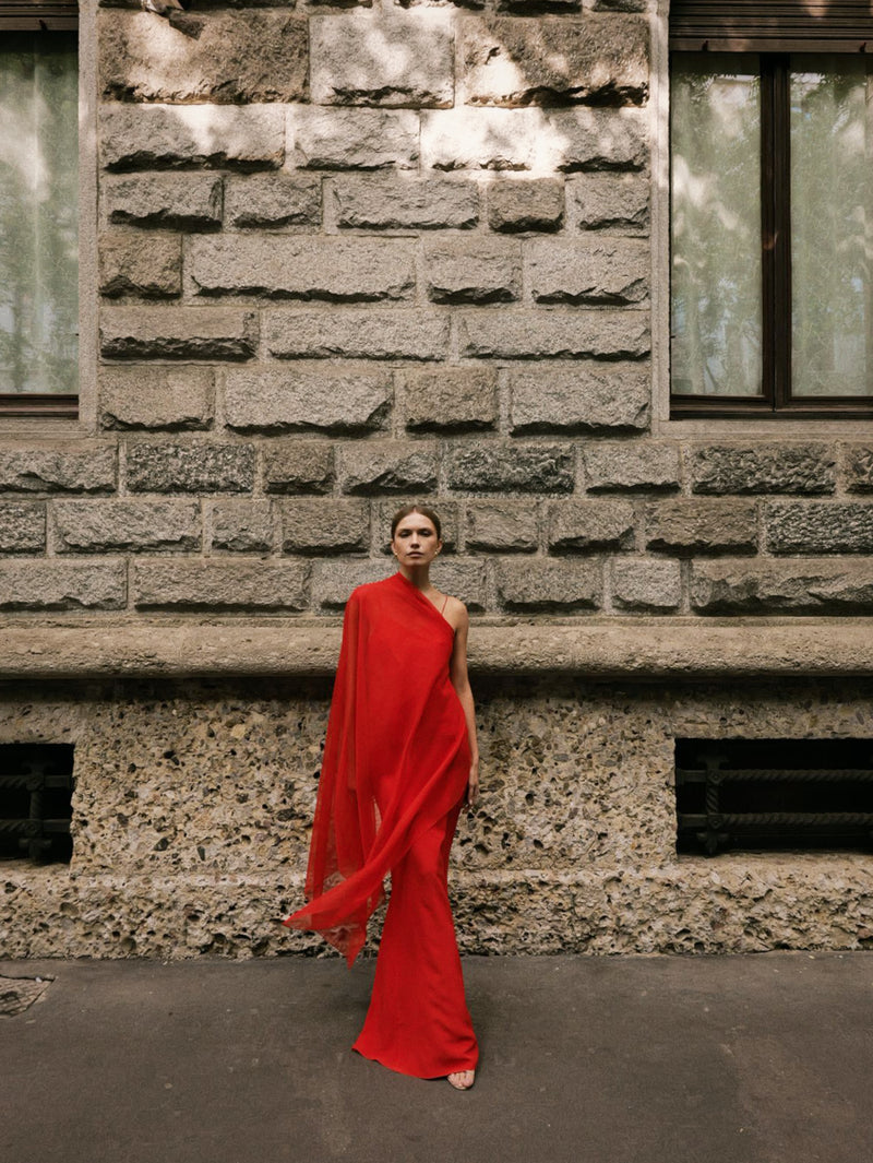 The Claudia Gown in Silk Georgette paired with its matching Silk Chiffon Scarf