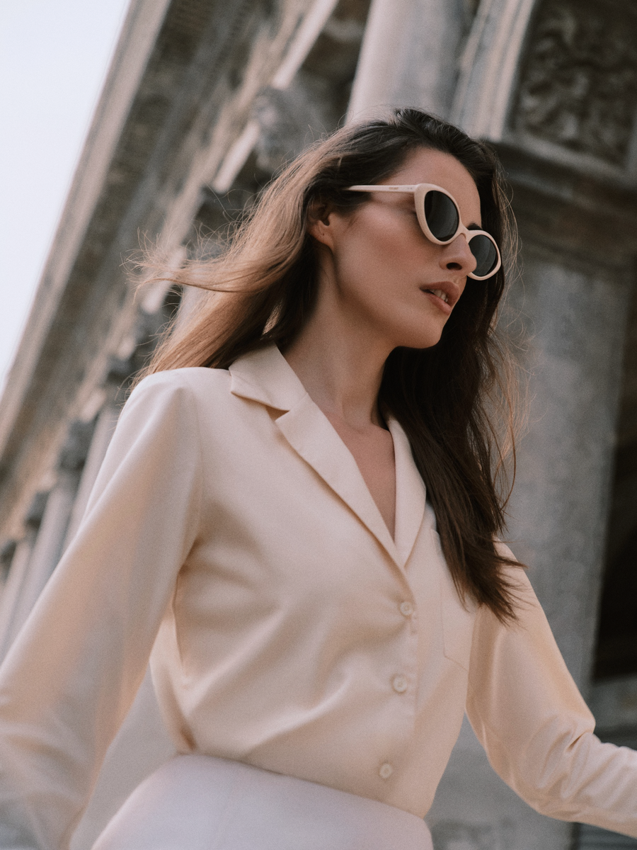 Sienna Shirt in Silk Poplin and Gina Miniskirt in Cotton Silk and Cashmere