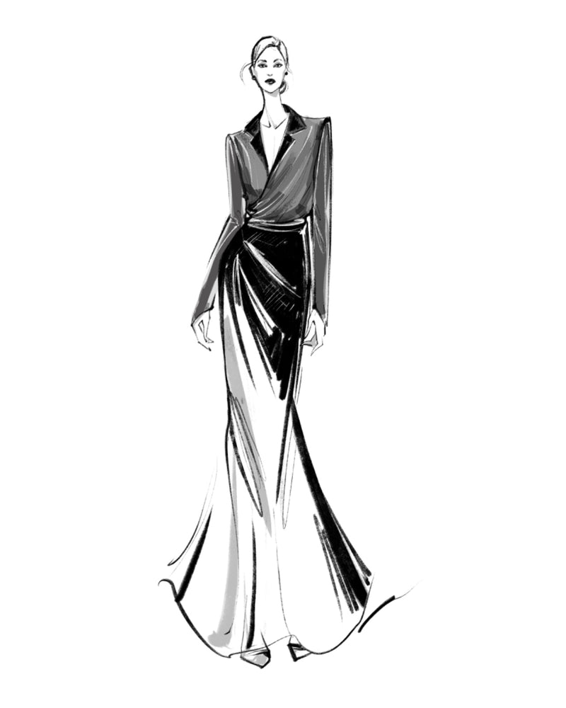 Sketch of the Silk Chiffon Sienna Shirt with the sculptural Giulia Skirt in Silk Taffeta.