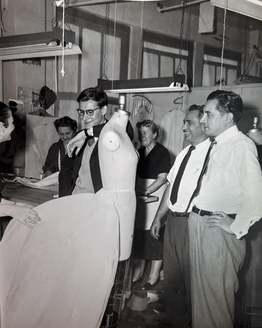 Our grandfather, Dominic Gallello, pictured with Monsieur Dior, and in the atelier with Monsieur Saint Laurent.